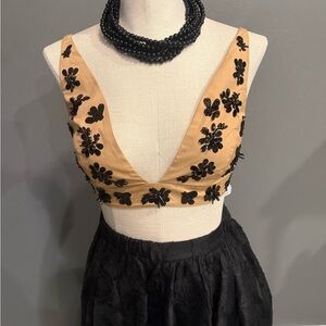 J. Crew Beige Cropped V-Neck Camisole with Black Floral Appliqué